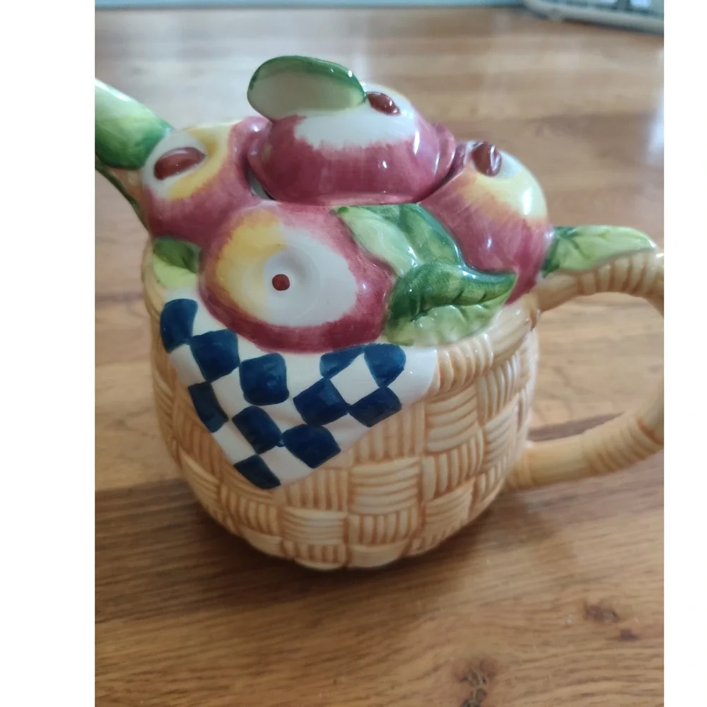 Vintage Ceramic Apple Basket Teapot Country Cottage Core Kitchen Decor